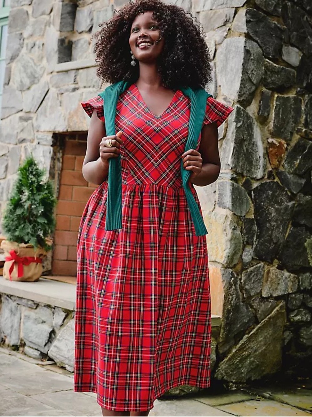 Lane Bryant Red Plaid V-Neck Midi Dress